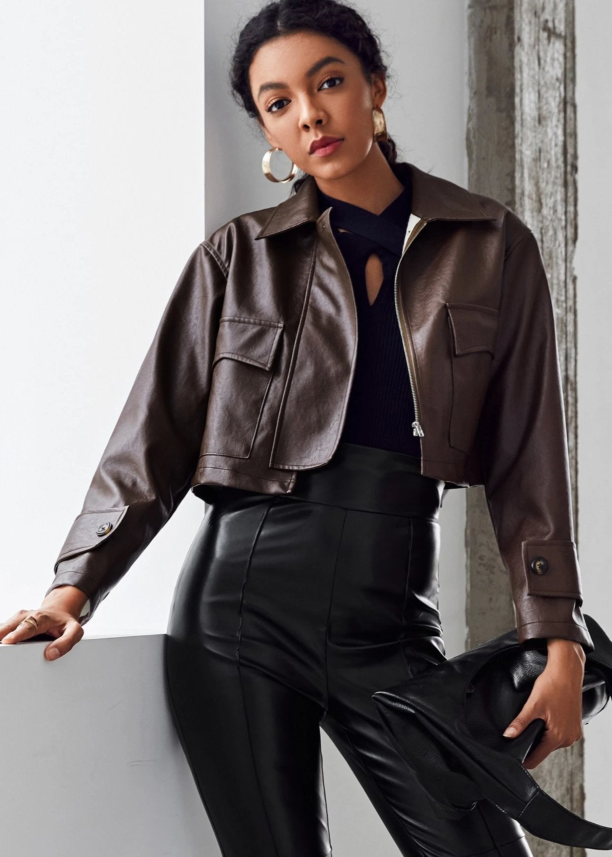 Brown Crop Jacket with Pocket Front