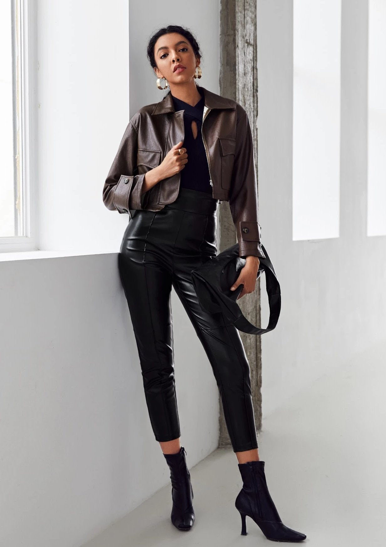 Brown Crop Jacket with Pocket Front