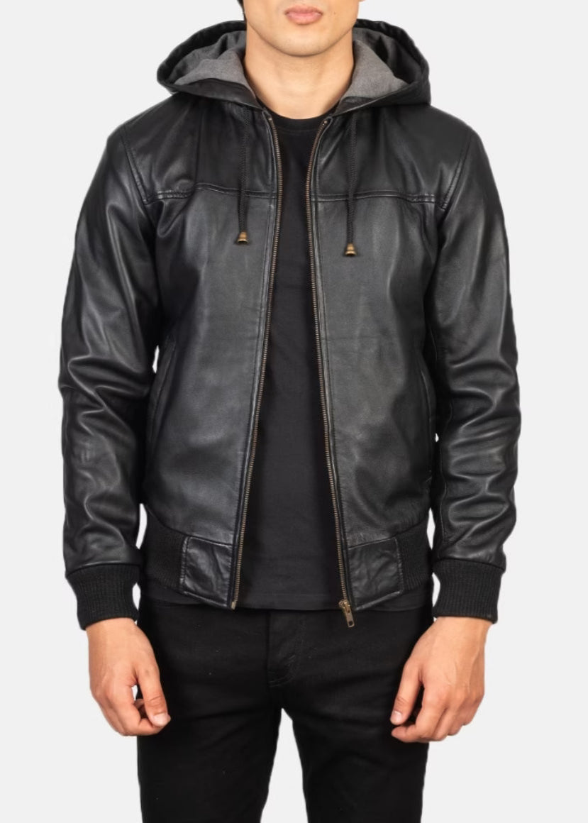 Black Hooded Leather Jacket
