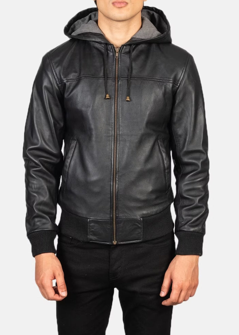 Black hooded leather jacket