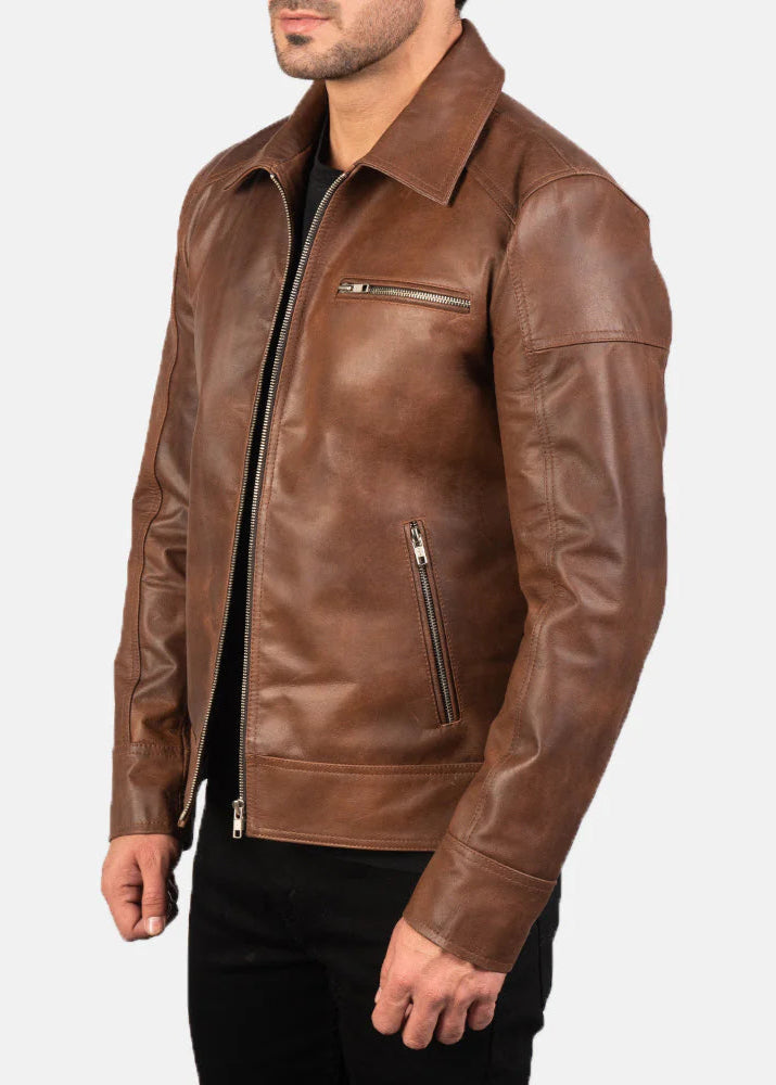 BROWN LEATHER BIKER JACKET