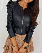 Black Puffed Leather Jacket