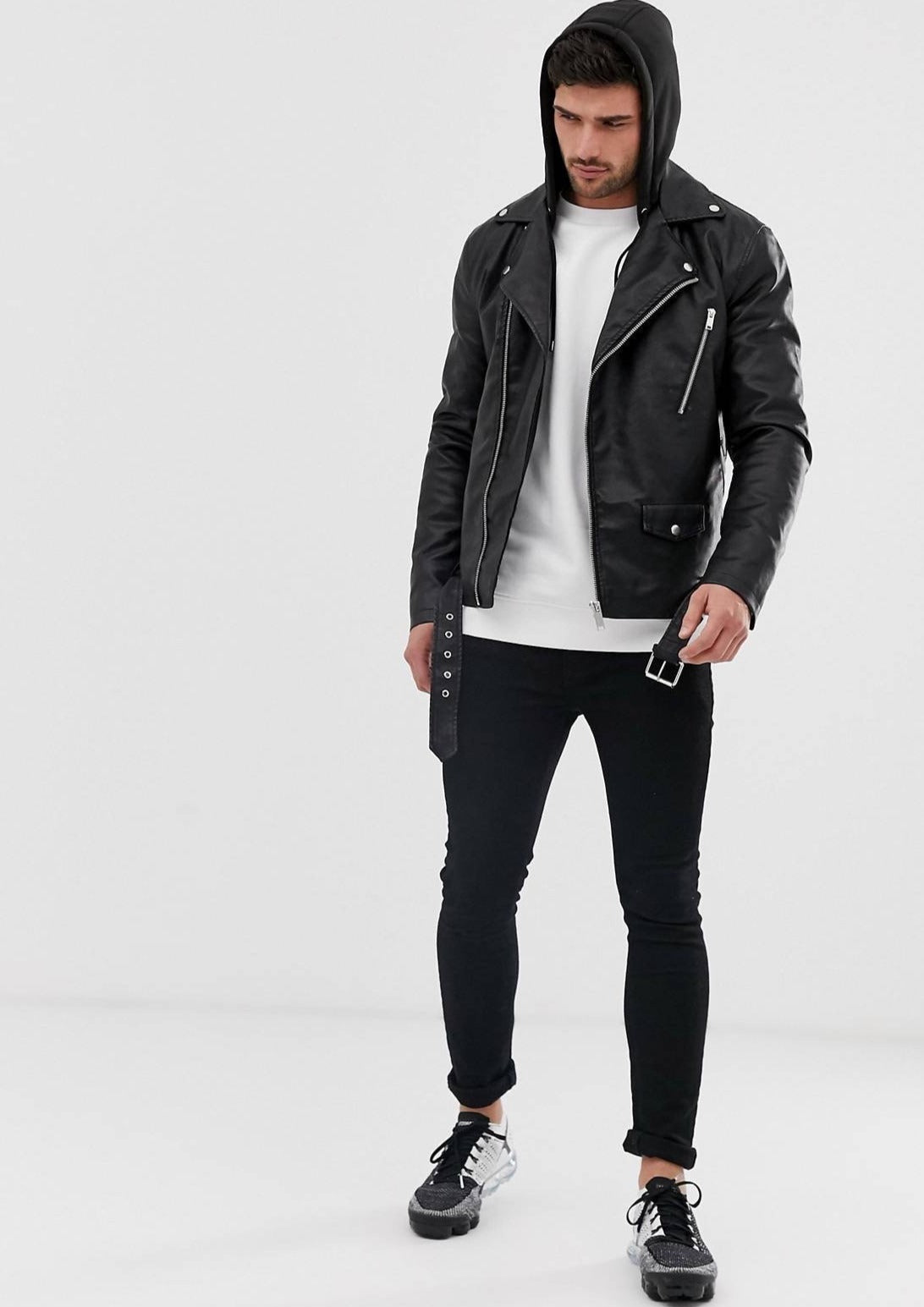 Black Biker Hooded Leather Jacket