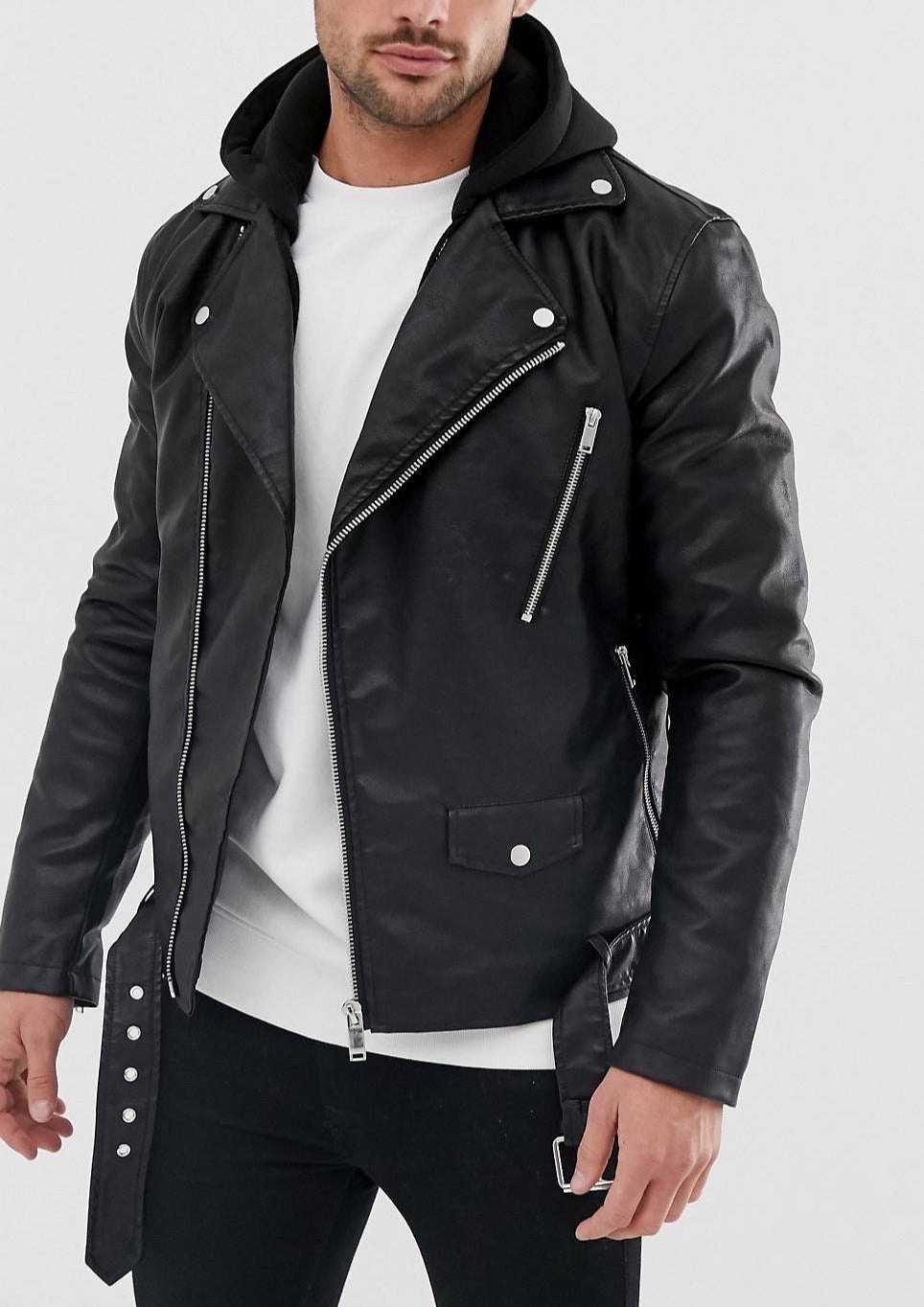 Black Biker Hooded Leather Jacket