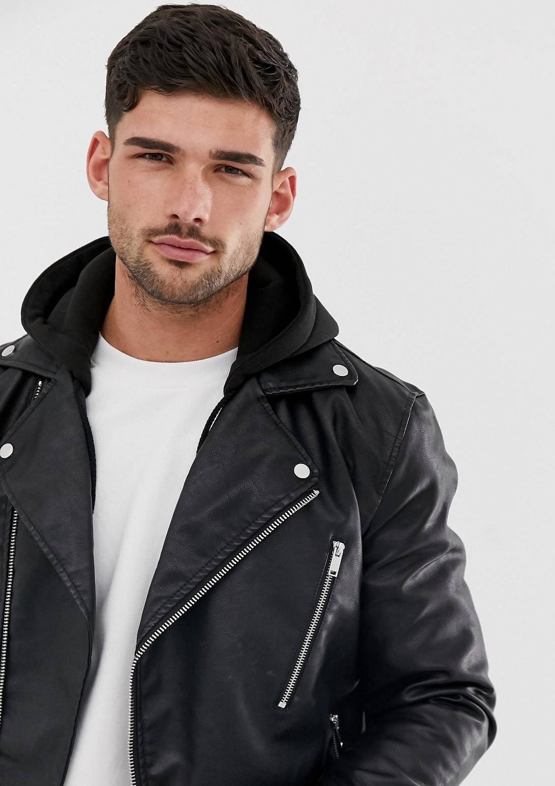 Black Biker Hooded Leather Jacket