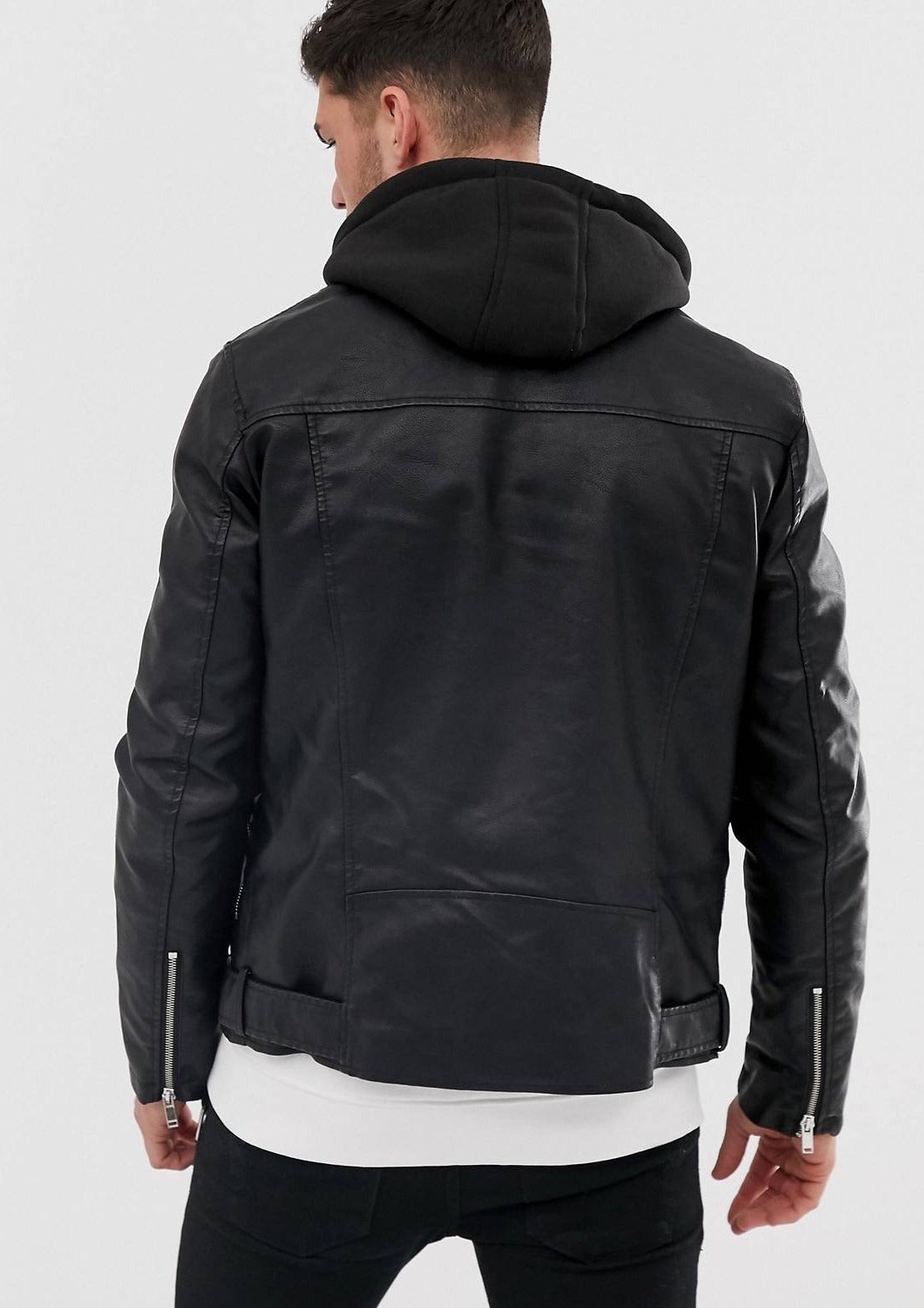 Black Biker Hooded Leather Jacket